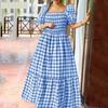 Plus Size Summer Women's Puff Sleeve Plaid Print Off Shoulder Long Dress Pleated Sundress