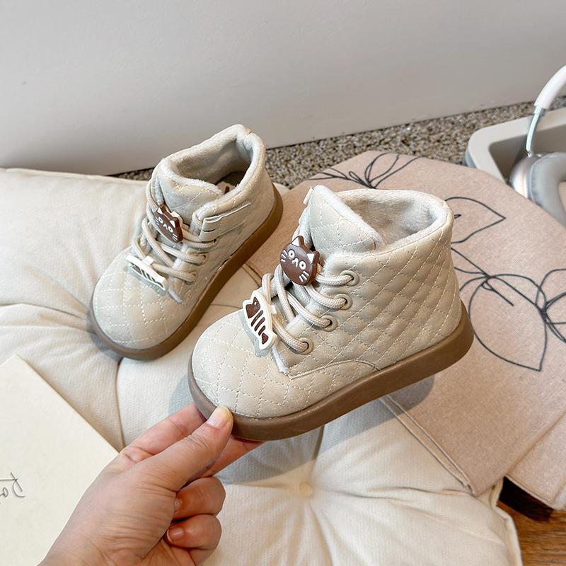 Милые зимние ботинки для девочки Толстая подошва Мультяшный кот Детские модные ботильоны Повседневные Теплые Универсальные Детские хлопковые ботинки Круглый носок