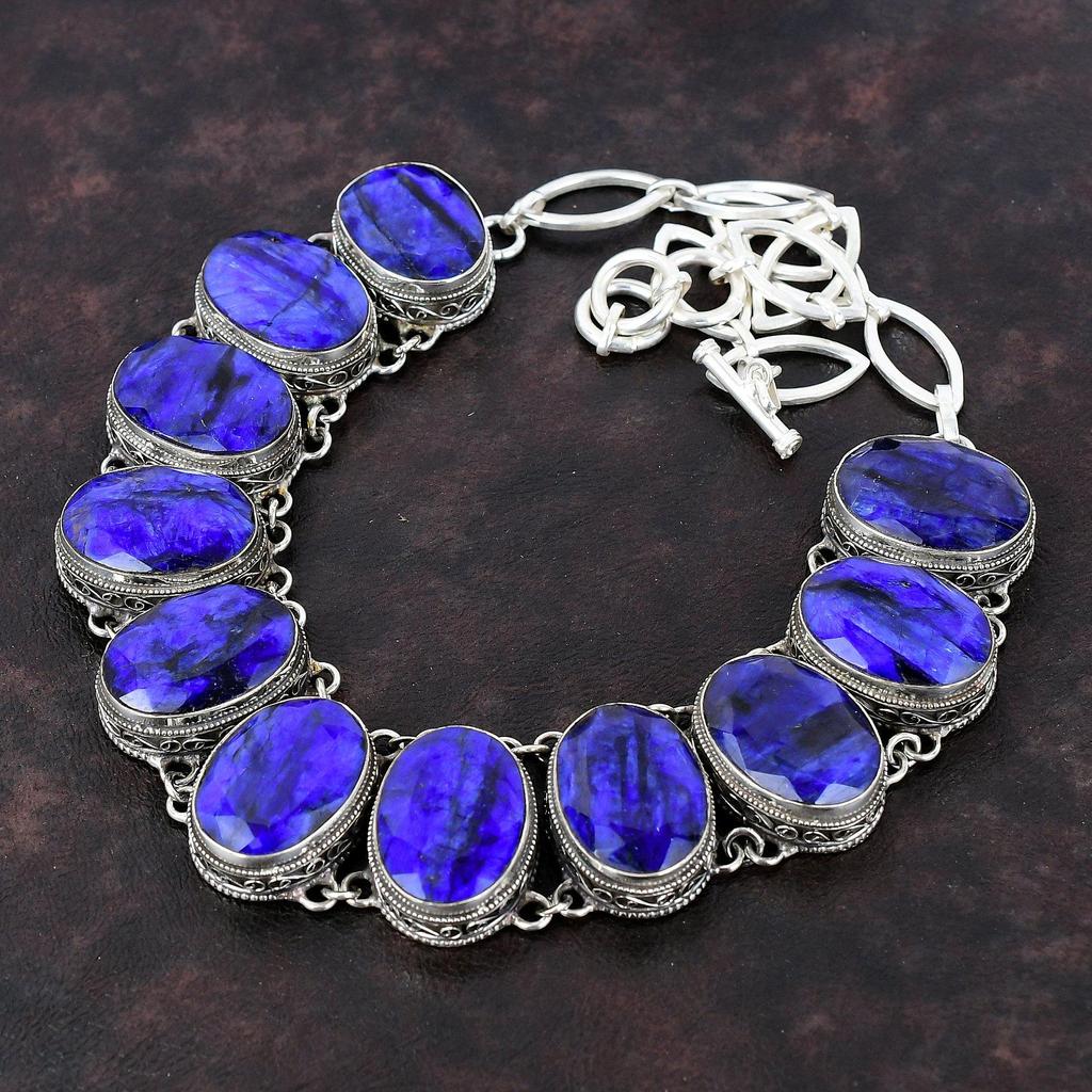 Faceted Blue Sapphire Gemstone Necklace Handmade Vintage Necklace 925 Sterling Silver Necklace Adjustable Chain Necklace Gift For Engagement