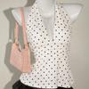 Deep V Neck Lace-up Dots Camisole Pleated Halter Ruffle Vest Ins Style Women Crop Top  Girl