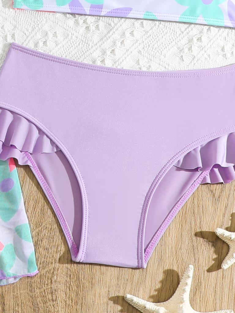 Модный комплект из 3 предметов для девочек, топ с цветочным принтом, однотонный купальник с короткими рукавами, купальный костюм