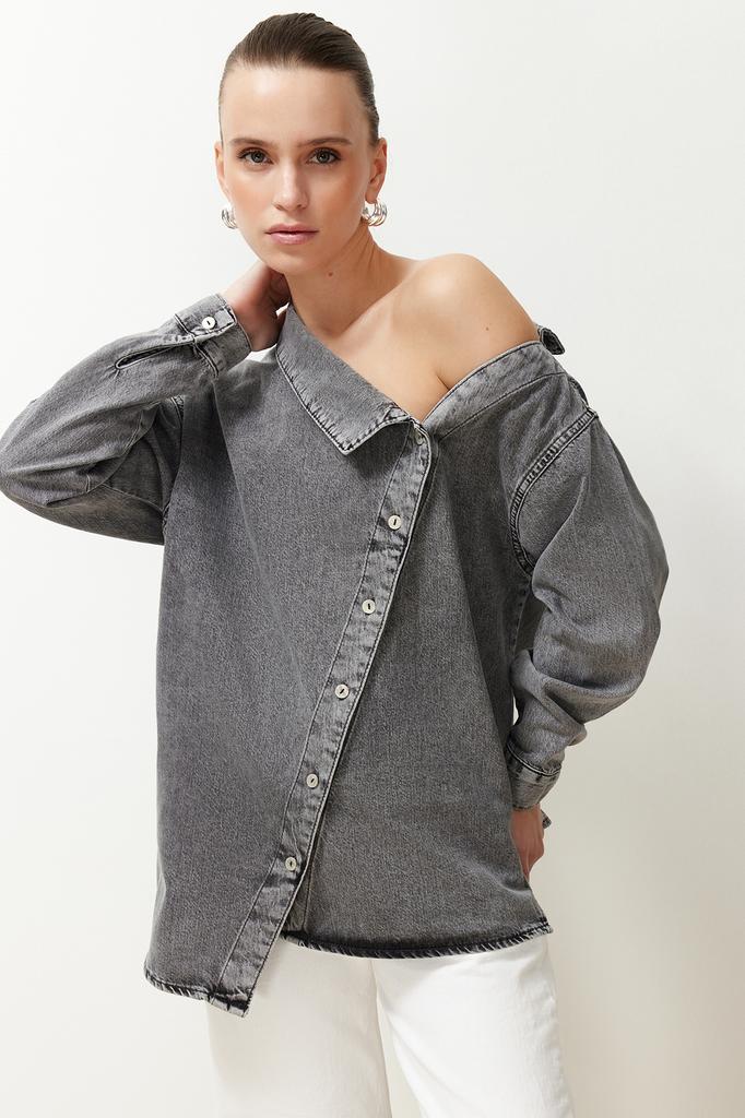 Women's Fashion New Shirt Black Asymmetrical Collar Detailed Denim Shirt