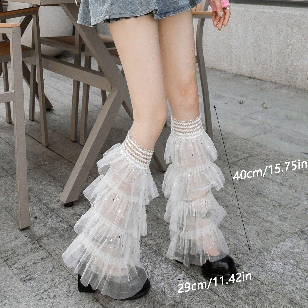 Ruffle Layered Sequins Mesh Leg Warmers Flared Design Star Sequins Knee High Stockings Lace Patchwork Boot Cover Cuffs
