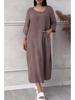 2024 Women's Cotton Linen Solid Colored Casual Button Long Dress with Round Neck