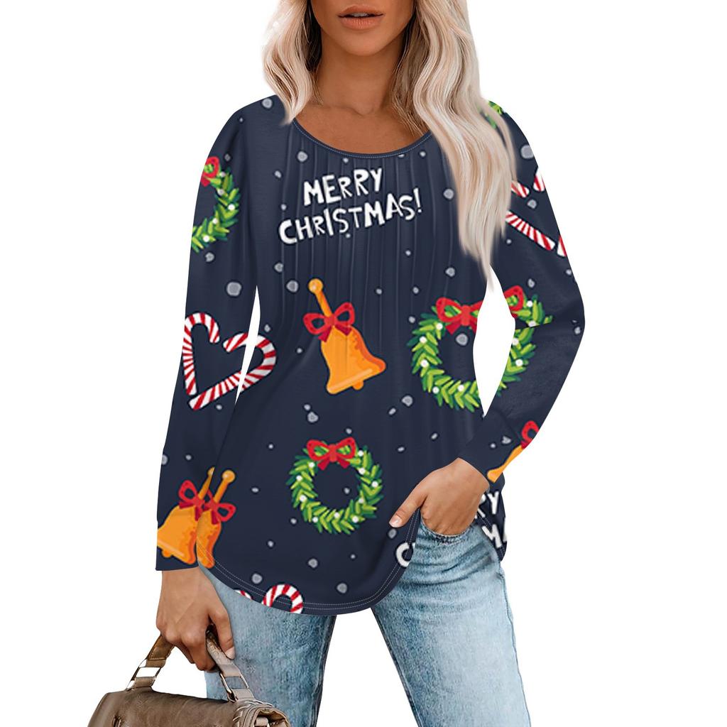 Женская повседневная футболка с круглым вырезом и длинными рукавами с рождественским принтом и складками