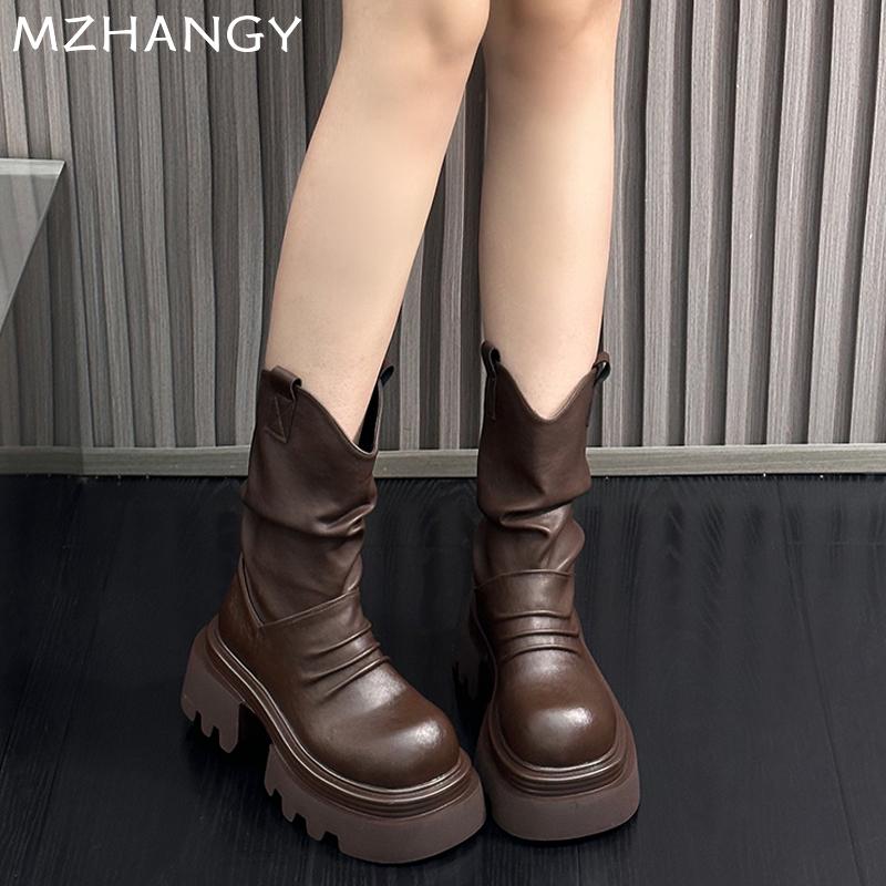 Модные женские кожаные ботильоны на платформе, массивные плиссированные туфли, женская тенденция 2025 года, модные зимние новые зимние ботинки челси, готические женские ботинки