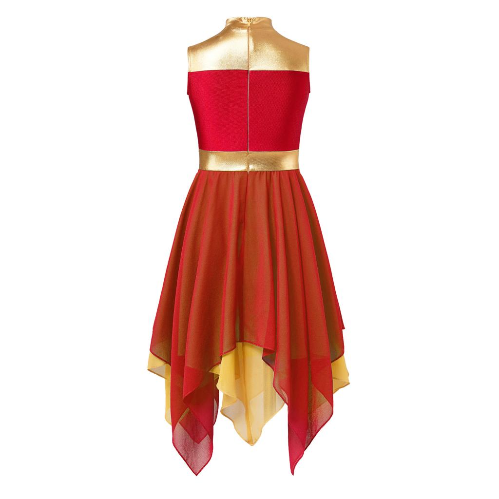 Girls Worship Dance Dress Sleeveless Chiffon Hem Contrast Design Cross Print Praise Lyrical Performance Costume