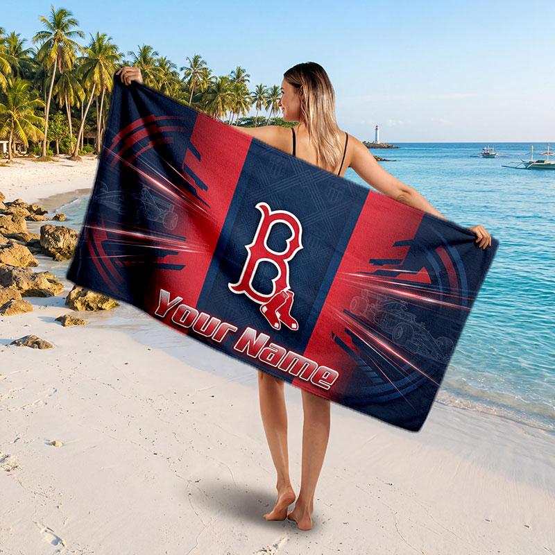 Boston Red Sox Customized Name Text Beach Towel, Soft Absorbent Towel Beach Pool Travel Personal Gift