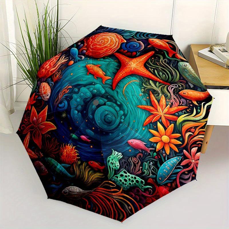 Underwater Paradise: Vibrant Sea Life Circular Art Print Umbrella, Cute Umbrella with Cute Design, Portable 3-Fold Compact Umbrella for Men & Women, V