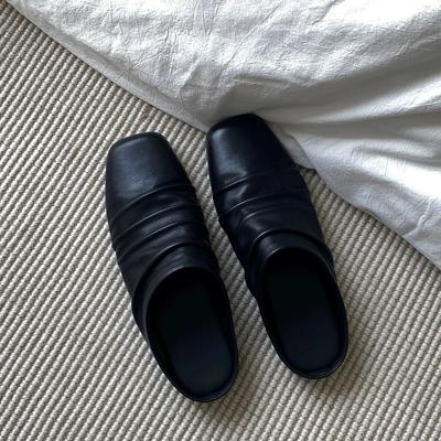 Версия из овчины~ Новые нишевые туфли-трансформеры с квадратным носком, с закрытым носком, полушлепанцы женские для улицы, плиссированные черные лоферы