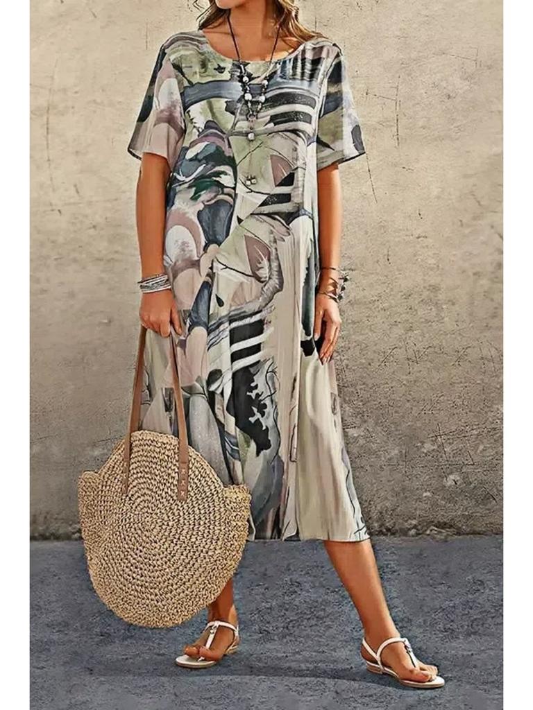 Женское повседневное свободное длинное платье с короткими рукавами и круглым вырезом