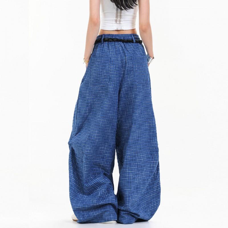 Mens Womens Retro Plaid Wide Leg Casual Pants With Belt Cotton Blend Straight Cut Trousers Daily Wear