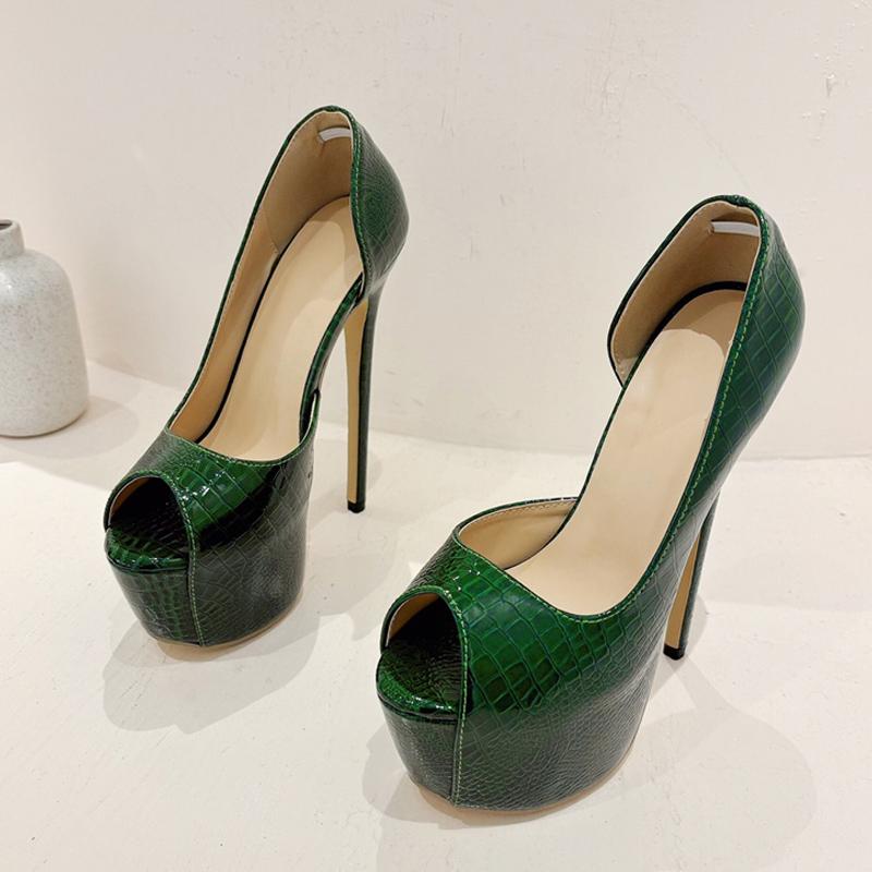 Liyke New Green Snake Print Leather Platform Pumps Women Sexy Slingback Peep Toe Extreme High Heels Strip Pole Dance Shoes