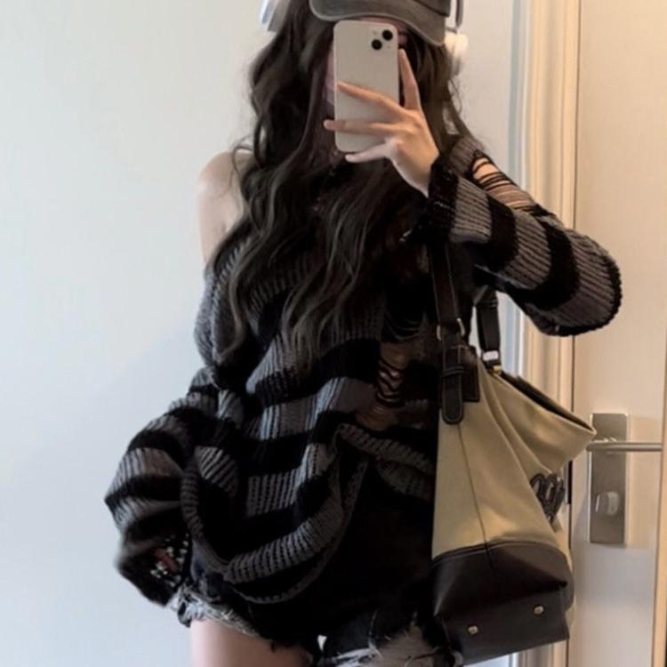 Gothic Streetwear Striped Knitted Sweater Women Harajuku Punk Hollow Out Jumper Hole Loose All-match Tops Grunge E-girl
