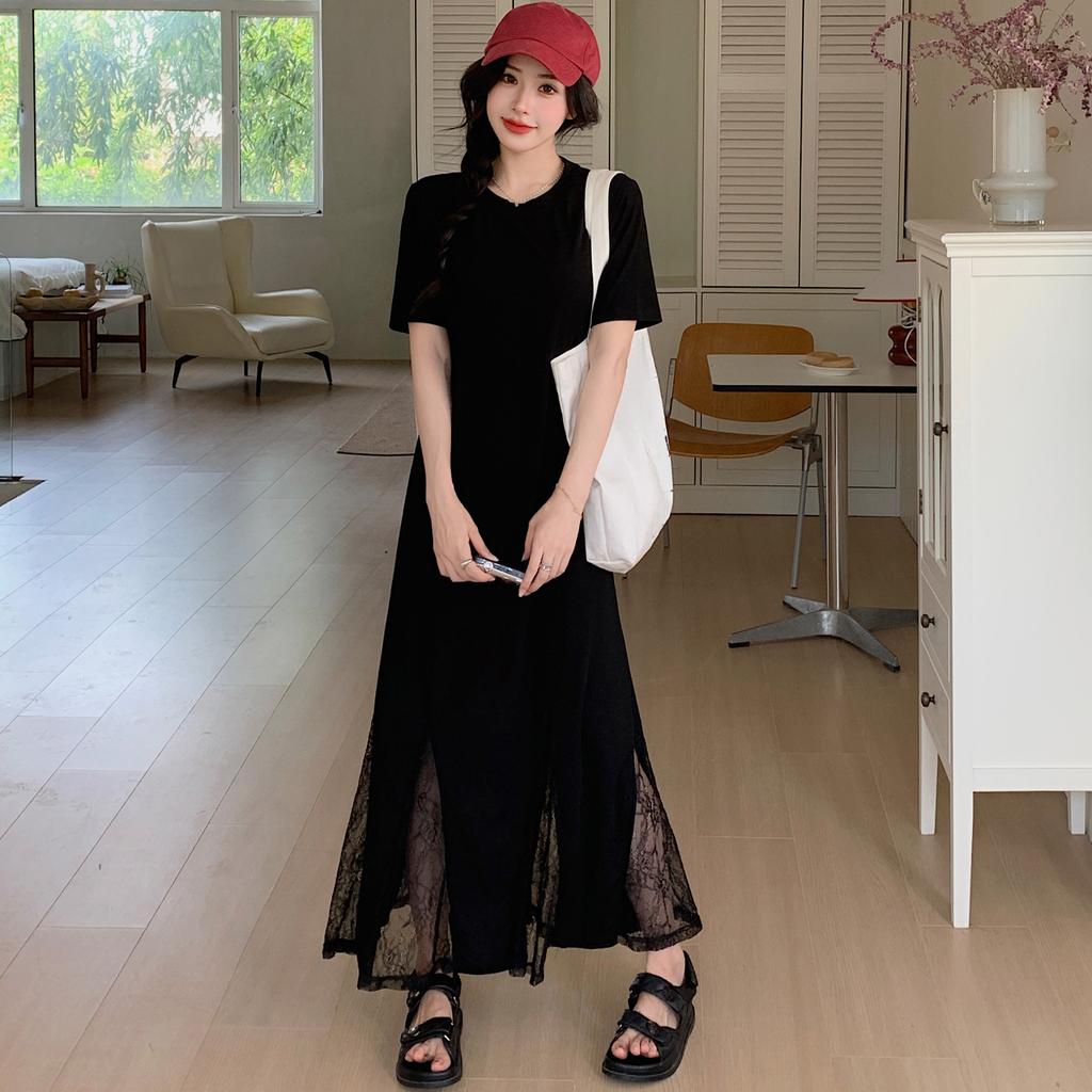 DIMANAF Женщины 2025 Лето Большой Размер Повседневное С Коротким Рукавом Оверсайз Длинное Платье-Рубашка Кружево Свободное Платье Новое Плиссированное