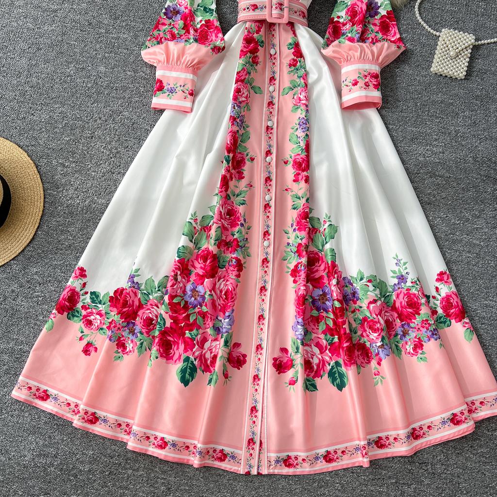 Весенние женские винтажные принты с отложным воротником, однобортная рубашка, длинные макси, праздничные пляжные платья с поясом