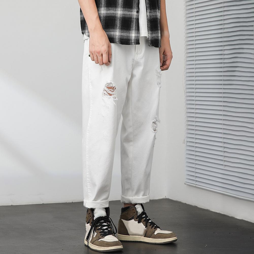 Men Jeans Mid-rise Button Zipper Fly Ripped Holes Design Denim Pants with Pockets Solid Color Casual Harem Trousers