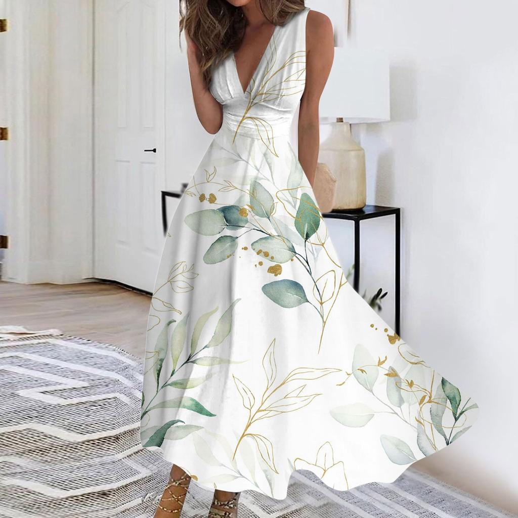 Женское длинное платье Платье макси Повседневное платье Летнее повседневное платье без рукавов с v-образным вырезом в стиле бохо с талией и принтом
