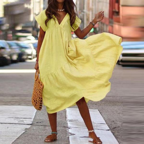 Новое летнее женское хлопково-льняное платье, модное длинное платье с v-образным вырезом, повседневное свободное свободное вечерние пляжное платье размера плюс