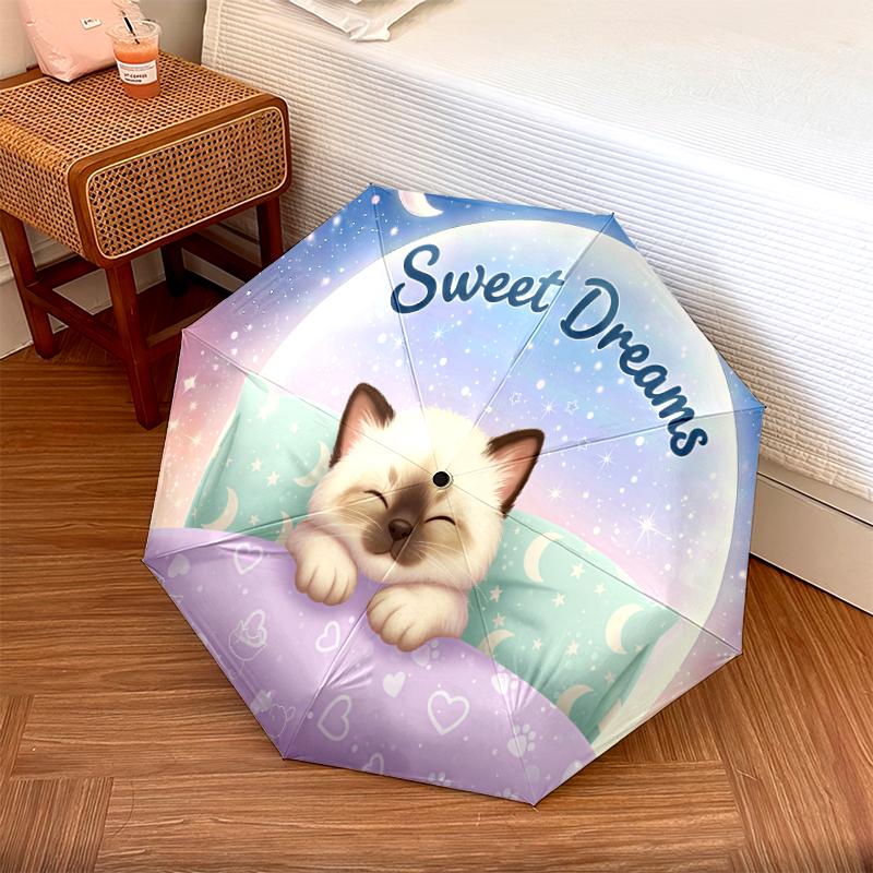 1 шт. Автоматический складной зонт - С рисунком милого спящего кота, Портативная и складная конструкция с 8 спицами, Рождественские и новогодние подарки на день рождения