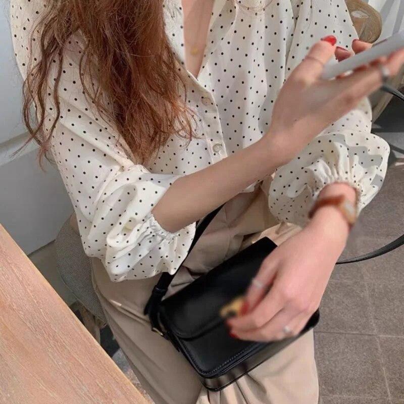 Женские однобортные свободные шифоновые блузки с длинным рукавом в горошек и круглым вырезом для отдыха, рубашки