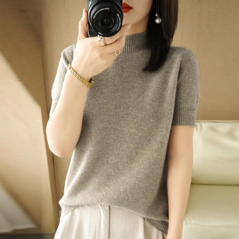 Women's Wool Blend Half High Neck Short Sleeve Sweater