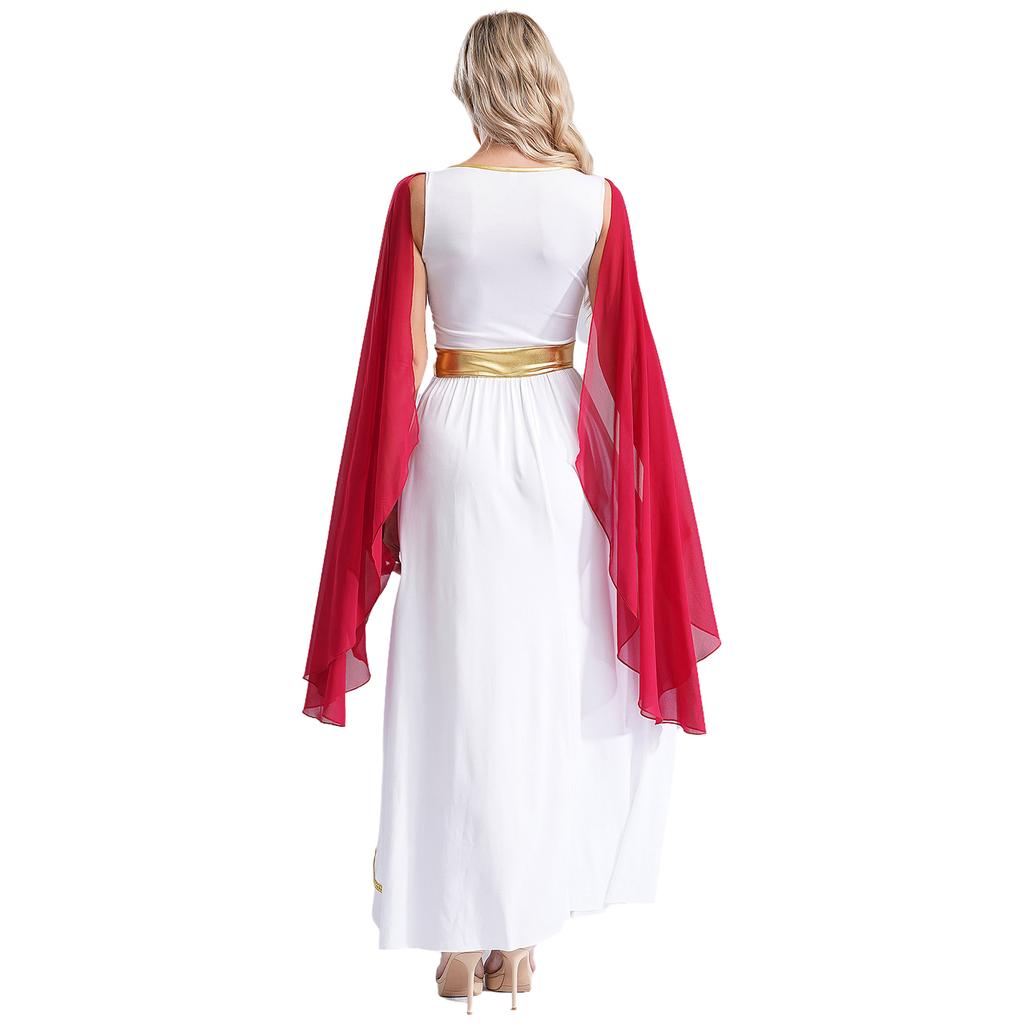 Women's Ancient Greek Roman Queen Costume Halloween Cosplay Gold Trims Toga Dress