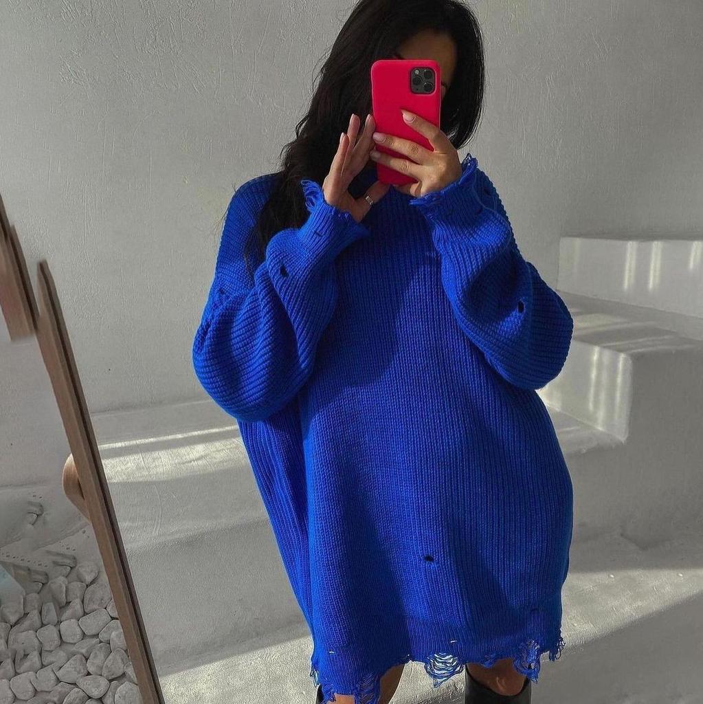 Осень-зима Винтажный свободный топ с длинными рукавами Однотонный пуловер Трикотажный свитер с круглым вырезом