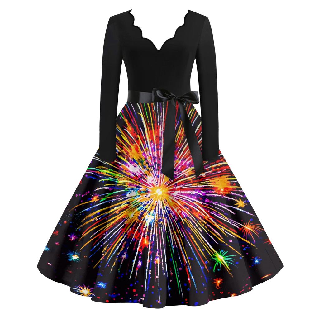 Женское повседневное модное платье винтажного стиля с V-образным вырезом и новогодним принтом