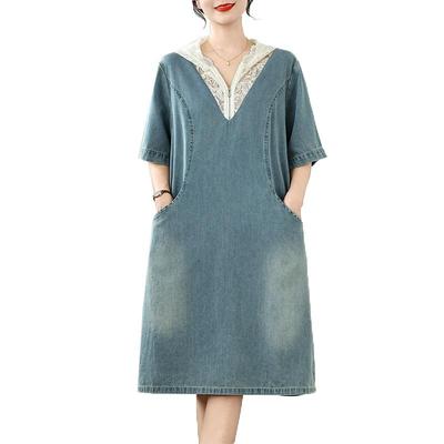 Короткий рукав Плюс размер джинсовая кружевная винтажная новинка в платьях для женщин повседневное свободное летнее платье миди