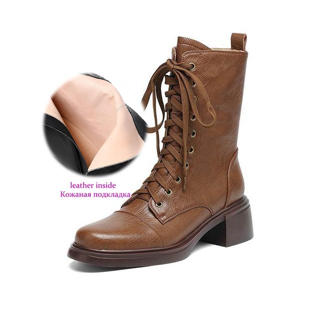 Krazing Pot Cow Skin Round Toe Thick Heels Motorcycle Boots Size 42 Lace Up Women Keep Warm Mid-calf Boots