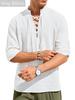 Men's Casual Lace-Up V-Neck Shirt 3/4 Roll-Up Sleeves Solid Color Loose Fit Linen-Like Top for Summer Beach Vacation Daily Trendy Wear