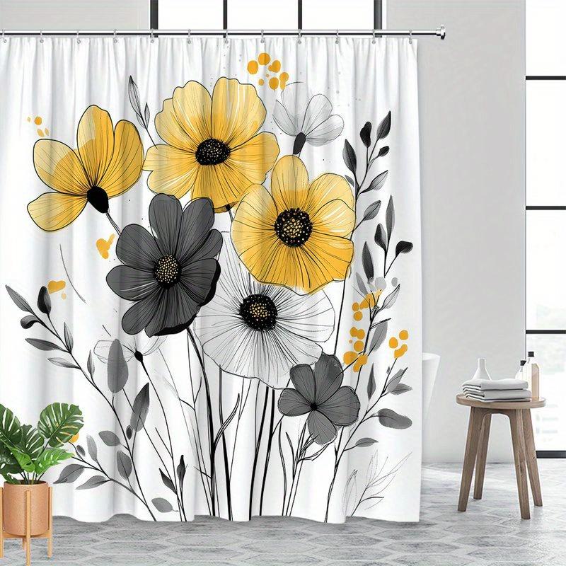 Bright yellow and gray floral patterned shower curtain, polyester fabric machine washable with hooks suitable for bathroom décor