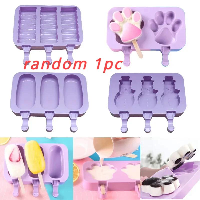 Cute Cartoon Ice Cream Mold Silicone Food Safe Popsicle Reusable DIY Ice Cube Tools Tray Dessert Mould With Lids and Sticks
