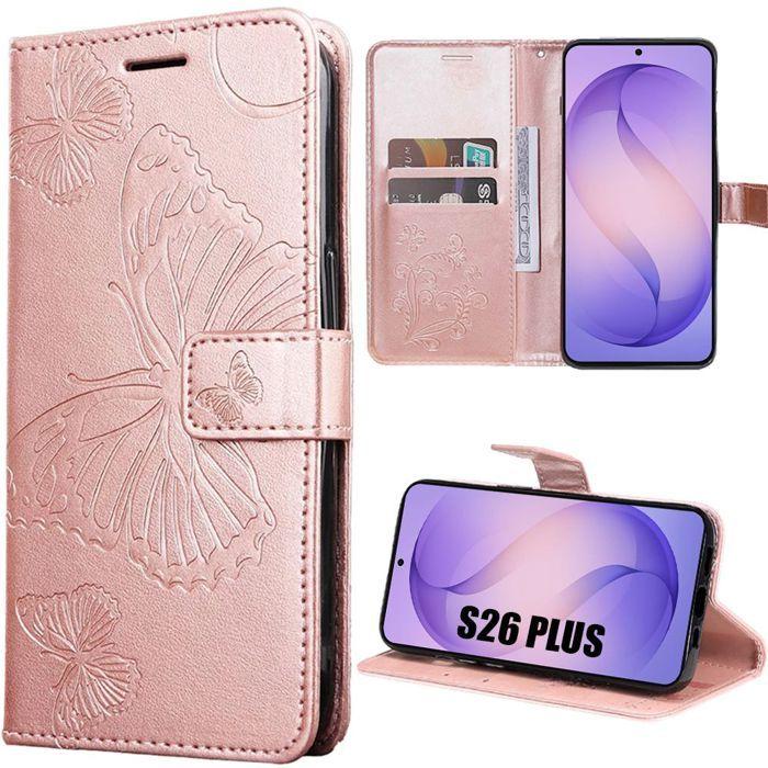 Coque pour Samsung Galaxy S26 Plus, Protection Anti-Rayures Cuir PU Rose Motif Relief Papillons