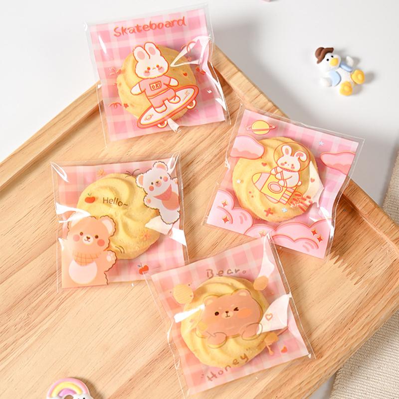 100 шт. самоклеящиеся пакеты для закусок прозрачные мультяшные медведи кролики конфеты подарочные пакеты для дня рождения подарочные принадлежности для выпечки