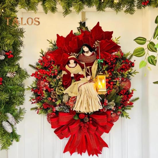 Венок Святого Семейства, рождественский венок с искусственными ягодами, шишкой, зимний религиозный венок на входную дверь с фигуркой Иисуса для дома