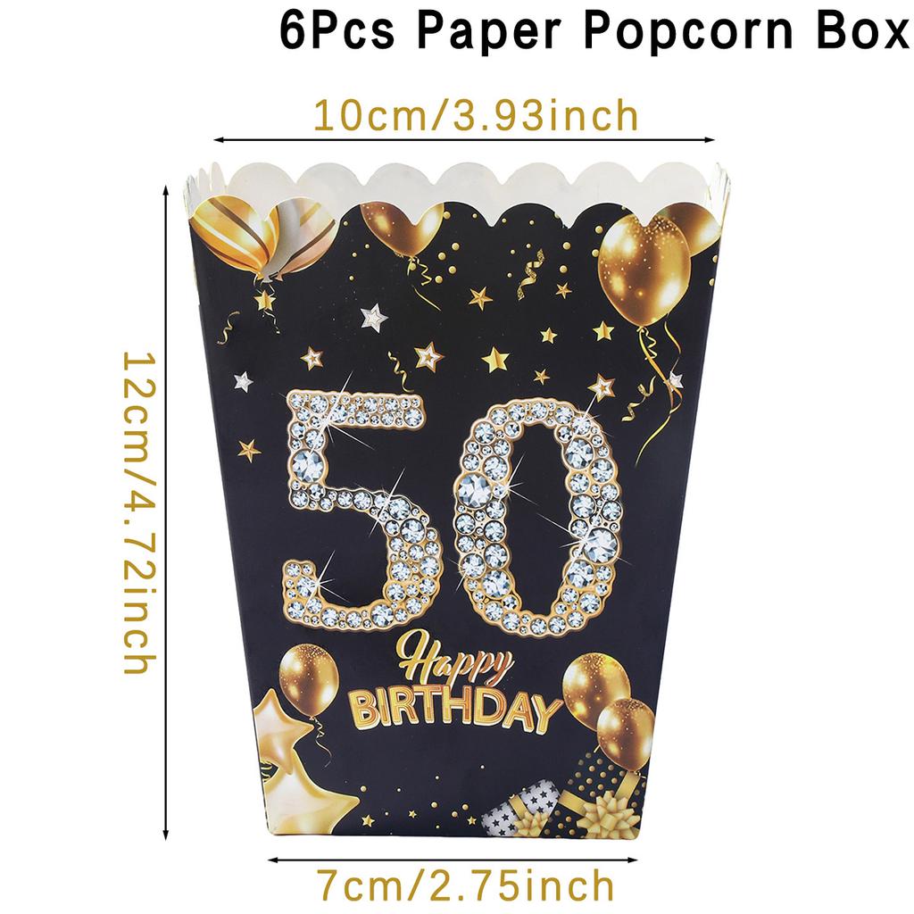 6 шт. Коробка для попкорна из бумаги на день рождения, черная, золотая, для вечеринки, подарочная коробка для угощений на 18, 21, 30, 40, 50, 60 лет, товары для вечеринки по случаю дня рождения для взрослых