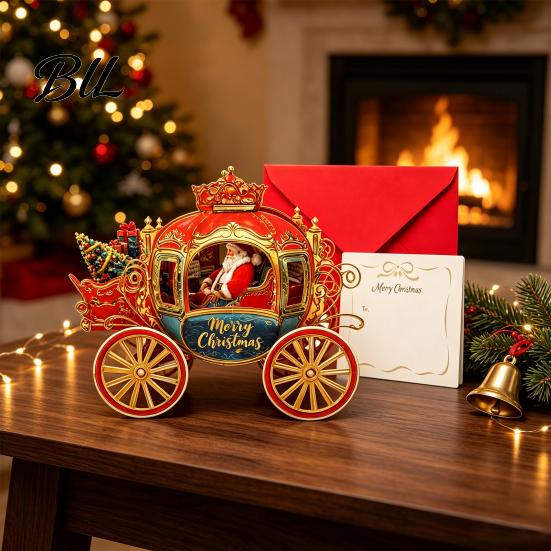 Memorable Holiday Cards 3D Christmas Carriage Pop Up Card, Vintage Santa on Gift Sleigh Tabletop Decoration, Greeting Card with Envelope Surprise for