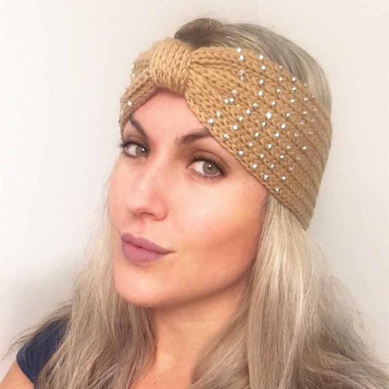 Зимние вязаные повязки на голову для женщин. Теплая повязка на голову крючком со стразами. Шерстяные теплые повязки для волос. Широкий головной убор в виде тюрбана. Модные аксессуары для волос.