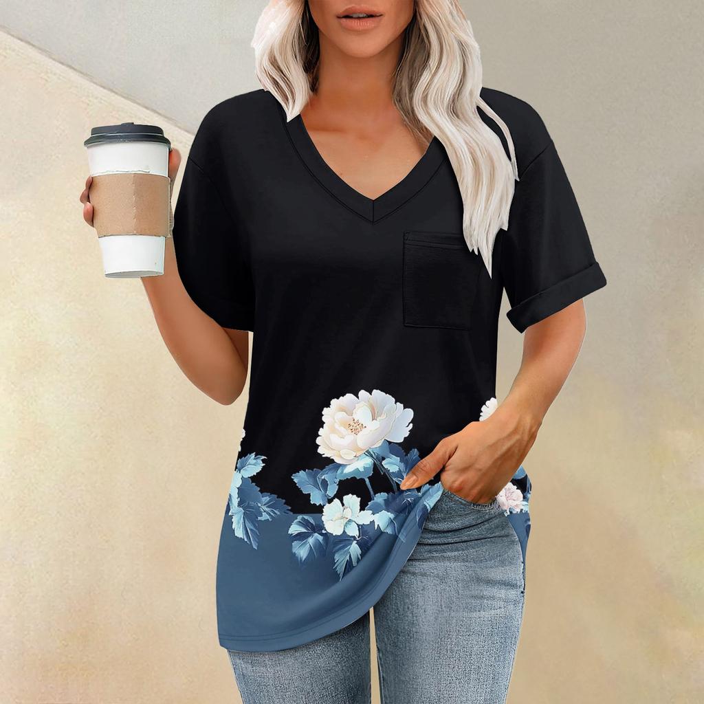 Women's Fashion Pocket V-neck Short Sleeve Plant Floral Print T-shirt Top