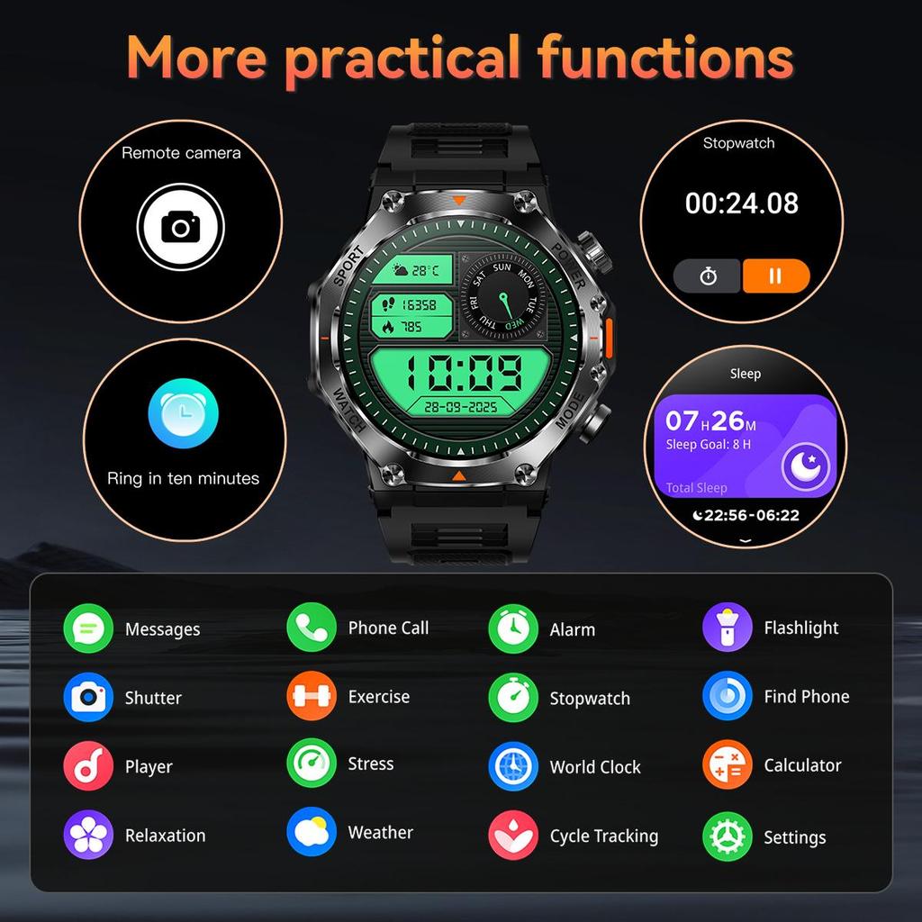 Военные QTLLBT SmartWatch 1,46-дюймовый HD светодиодный фонарик компас фитнес-трекер с функцией спортивные часы, пульсометр SPO2 совместимы с