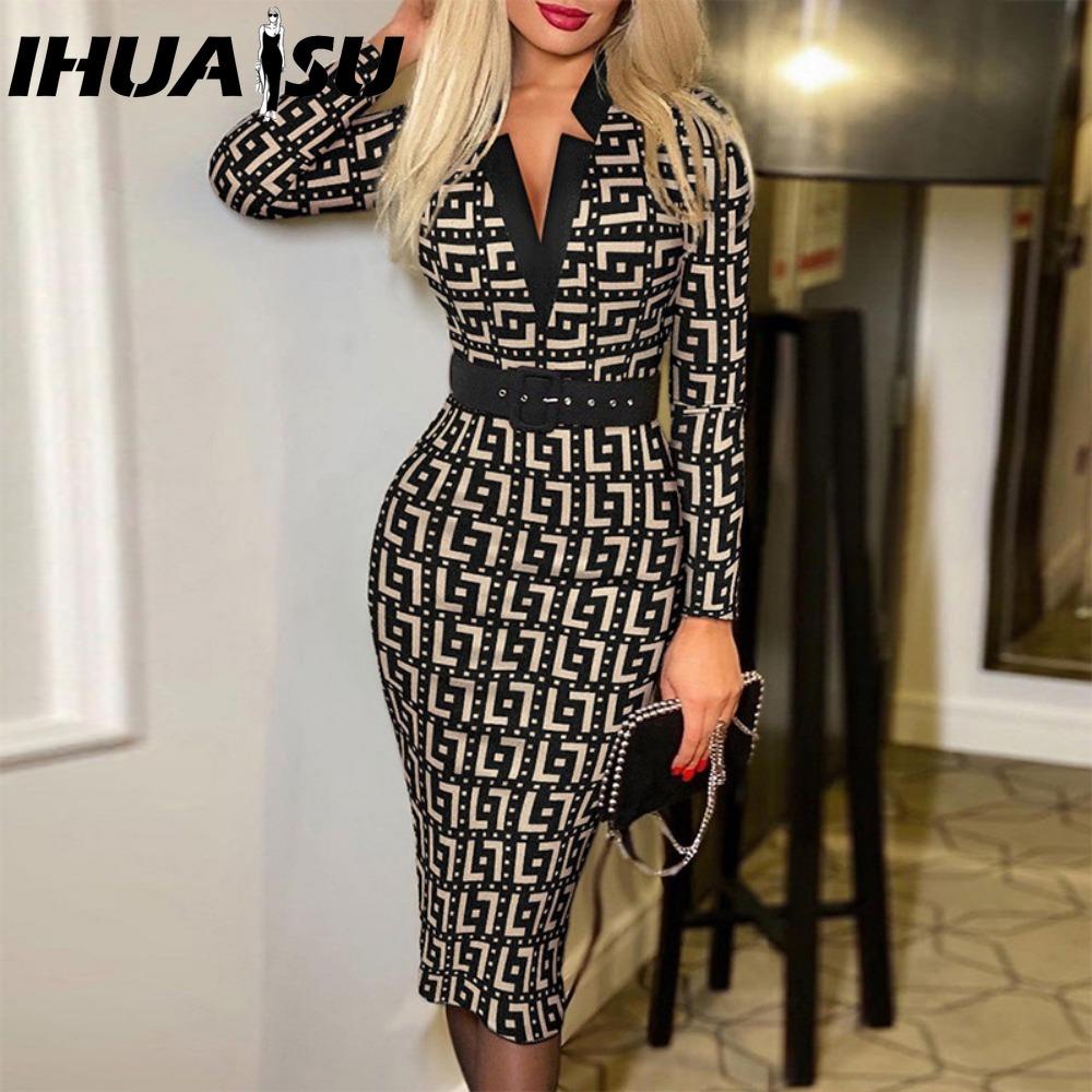 IHUASU Женская мода весенне-осенние повседневные платья с длинным рукавом и v-образным вырезом с высокой талией