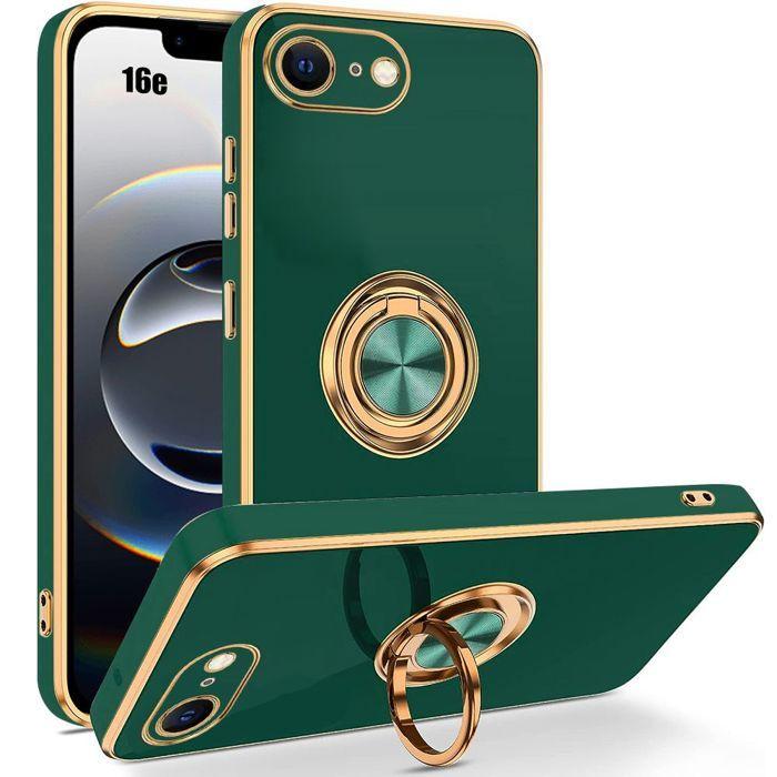 Coque de protection - BOOLING - pour iPhone 16e - Silicone Antichoc - Vert Nuit - Anneau Rotatif
