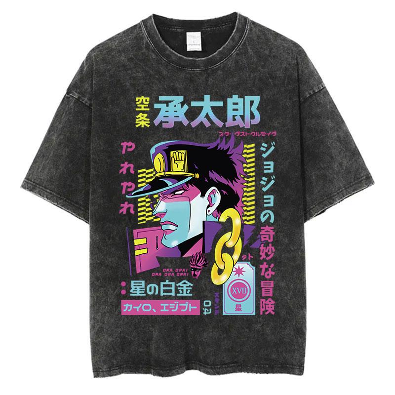 Винтажная стираная футболка мужская летняя хип-хоп уличная футболка JoJo's Bizarre Adventure аниме принт хлопок повседневная с коротким рукавом повседневная носка крутая футболка