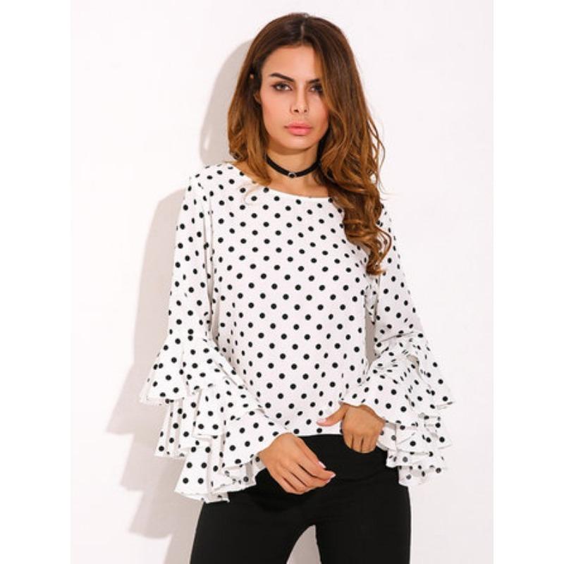 IHUASU Summer Spring Polka Dot Trumpet Sleeve Top Plus Size Folding Sleeve Chiffon Top