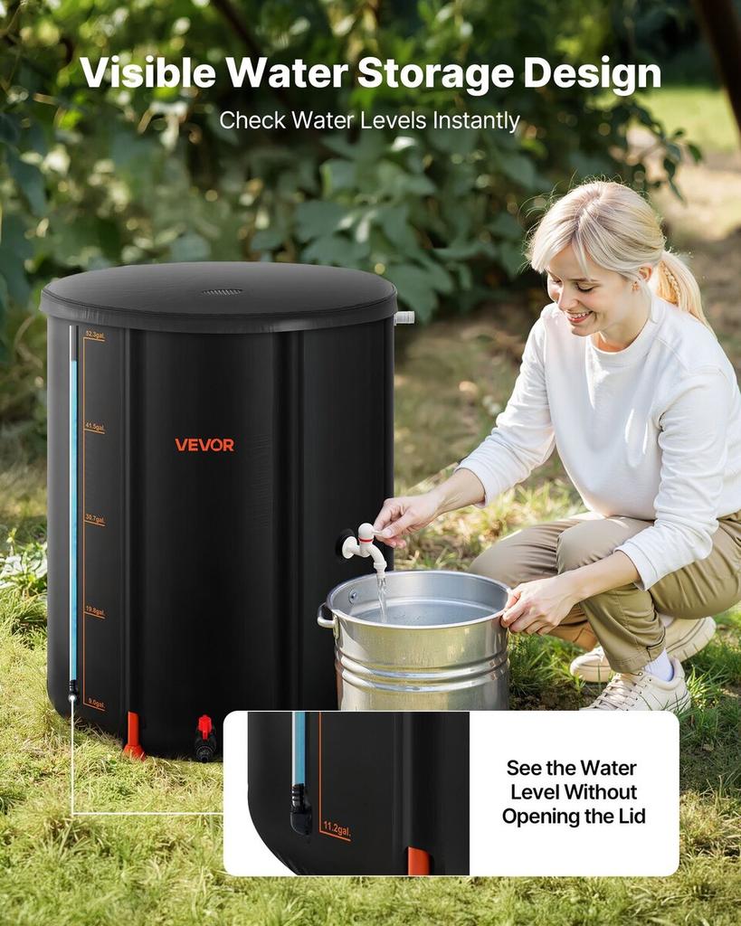 Collapsible Rain Barrel, 201 L Portable Rain Water Collection Barrel, 1000D PVC Rainwater Collection System, Garden Water Catcher Tank Storage