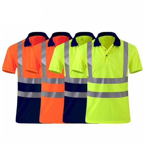 High Visibility Safety T-Shirt Button Lapel Tee Shirt with Reflective Tape Quick-dry Breathable Workwear Security Top for Construction Workers