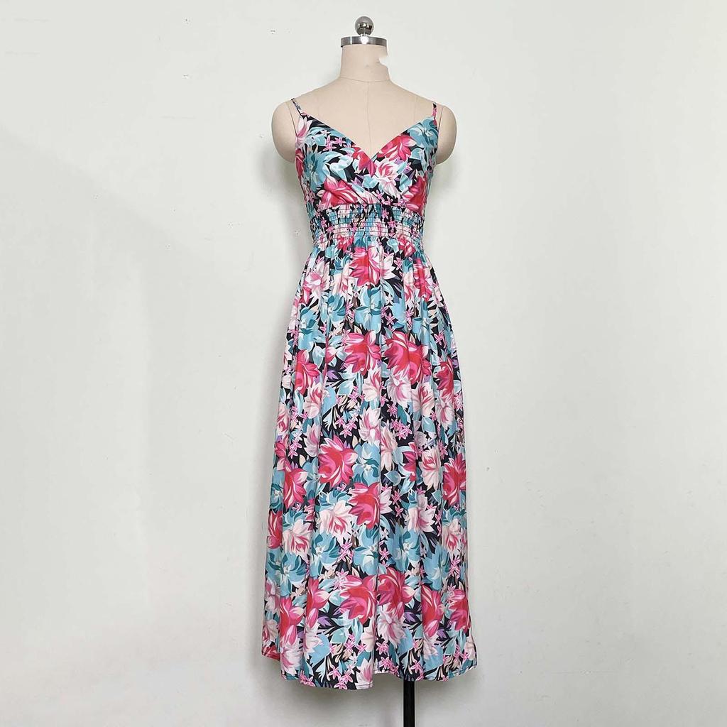 Женское летнее платье без рукавов с этническим принтом и высокой талией на шнуровке