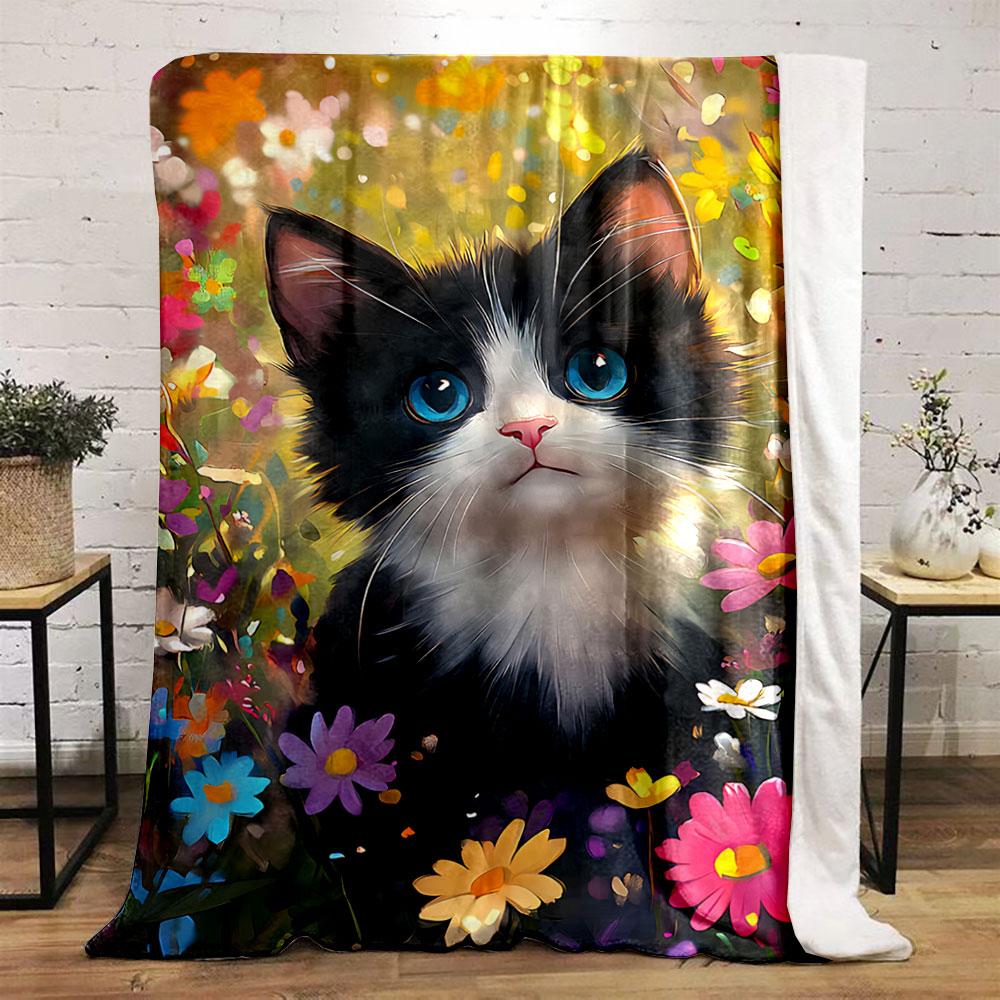 Cute Black and White Cat Blanket for all seasons blanket lunch break throw gift